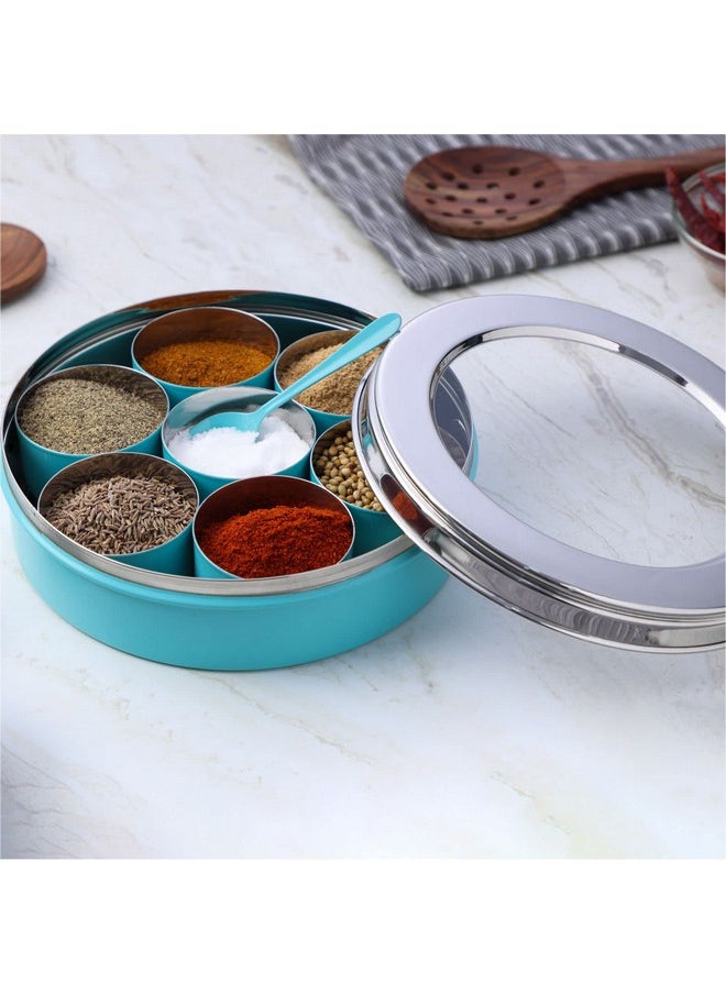 Dudki 7 In 1 Stainless Steel Spice Box For Kitchen Sturdy Masala Dabba Jar For Spices Minimal Design (Aqua), Blue