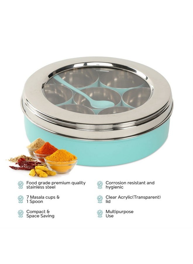 Dudki 7 In 1 Stainless Steel Spice Box For Kitchen Sturdy Masala Dabba Jar For Spices Minimal Design (Aqua), Blue
