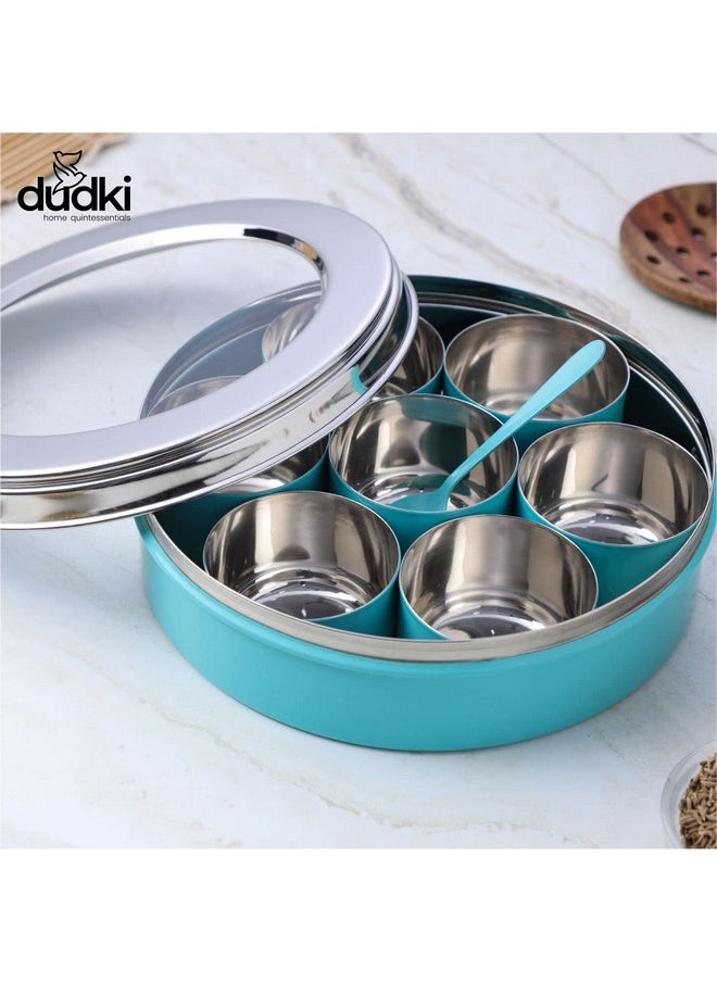 Dudki 7 In 1 Stainless Steel Spice Box For Kitchen Sturdy Masala Dabba Jar For Spices Minimal Design (Aqua), Blue