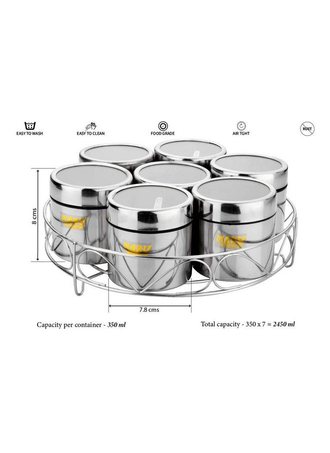 Maru Stainless Steel 7-in-1 Kitchen Storage Container Set with Round Wire Stand-350ml Multipurpose Containers with Durable See-Through Threaded Lids, Ideal for Organizing Spices, Herbs, and Dry Fruits