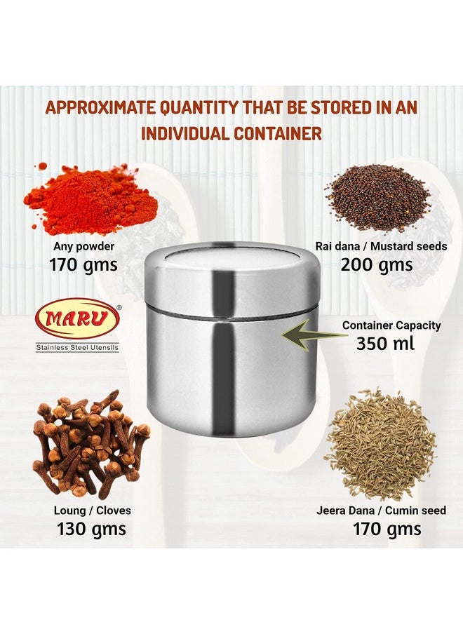 Maru Stainless Steel 7-in-1 Kitchen Storage Container Set with Round Wire Stand-350ml Multipurpose Containers with Durable See-Through Threaded Lids, Ideal for Organizing Spices, Herbs, and Dry Fruits