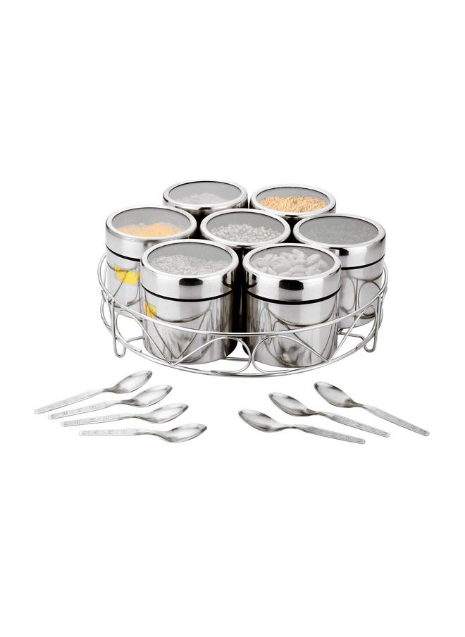 Maru Stainless Steel 7-in-1 Kitchen Storage Container Set with Round Wire Stand-350ml Multipurpose Containers with Durable See-Through Threaded Lids, Ideal for Organizing Spices, Herbs, and Dry Fruits