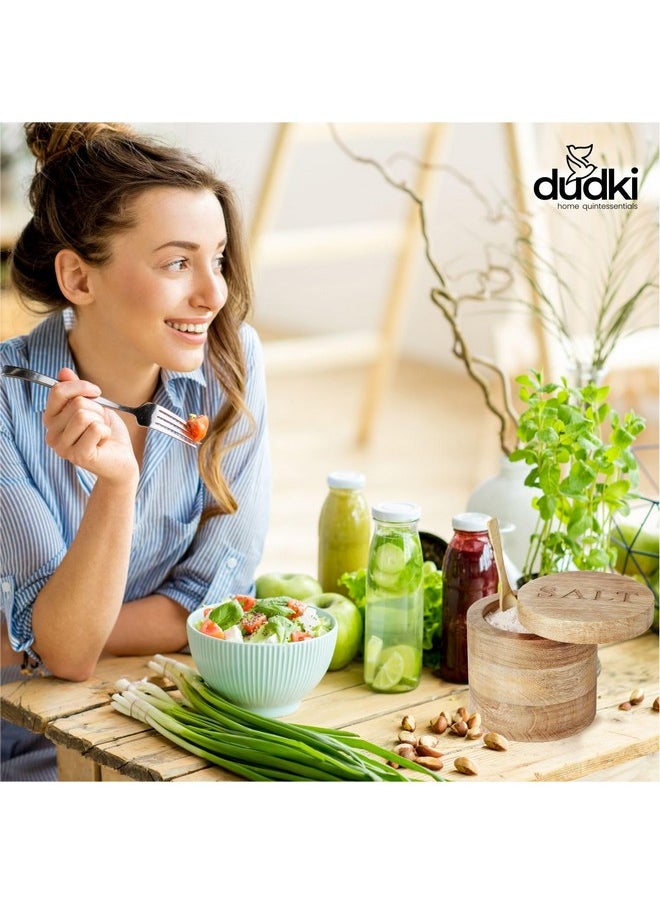dudki Wooden Salt Box with Magnetic Lid & Wooden spoon| Round Salt Container| Bowl Pot Jar Salt Box | Mango Wood for Dinning Table| Kitchen Home| Seasonings 800 ml