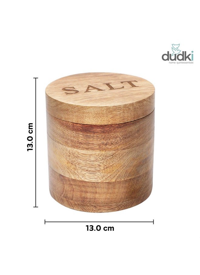 dudki Wooden Salt Box with Magnetic Lid & Wooden spoon| Round Salt Container| Bowl Pot Jar Salt Box | Mango Wood for Dinning Table| Kitchen Home| Seasonings 800 ml