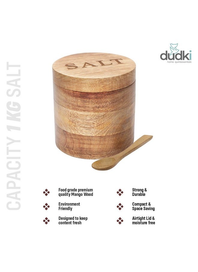 dudki Wooden Salt Box with Magnetic Lid & Wooden spoon| Round Salt Container| Bowl Pot Jar Salt Box | Mango Wood for Dinning Table| Kitchen Home| Seasonings 800 ml