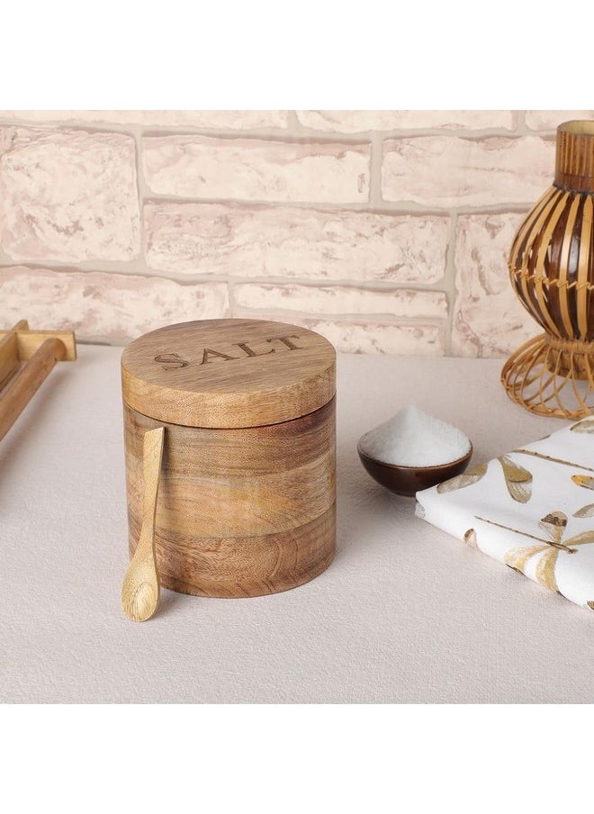 dudki Wooden Salt Box with Magnetic Lid & Wooden spoon| Round Salt Container| Bowl Pot Jar Salt Box | Mango Wood for Dinning Table| Kitchen Home| Seasonings 800 ml