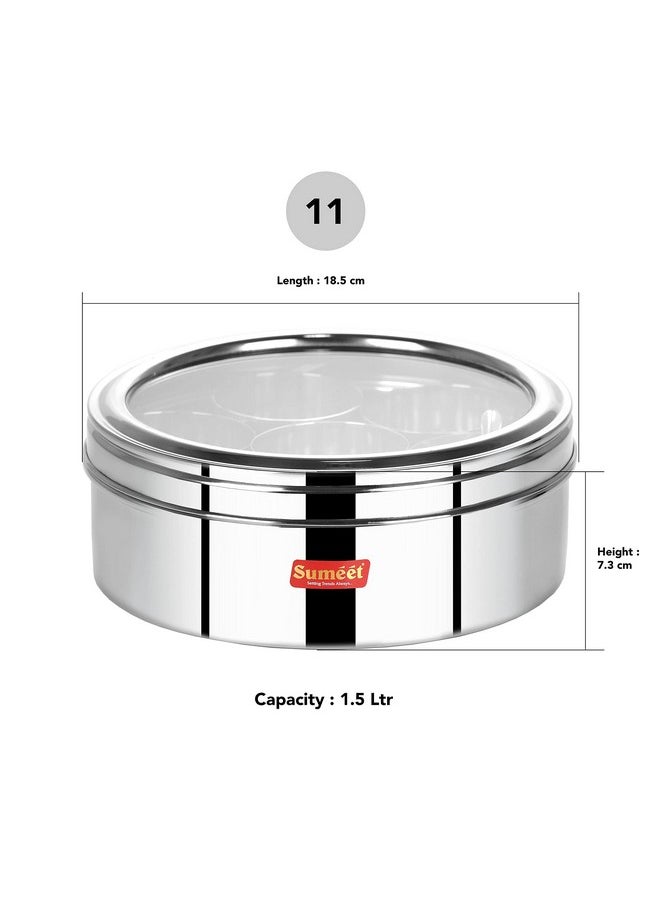 Sumeet Stainless Steel Round Masala (Spice) BoxOrganiser with See Through Lid With 7 Containers and Small Spoon Size 11 (1.5Ltr) (18.5cm), Silver