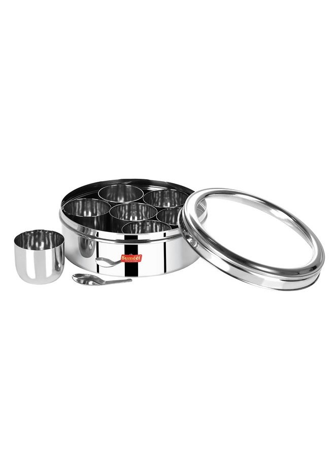 Sumeet Stainless Steel Round Masala (Spice) BoxOrganiser with See Through Lid With 7 Containers and Small Spoon Size 11 (1.5Ltr) (18.5cm), Silver