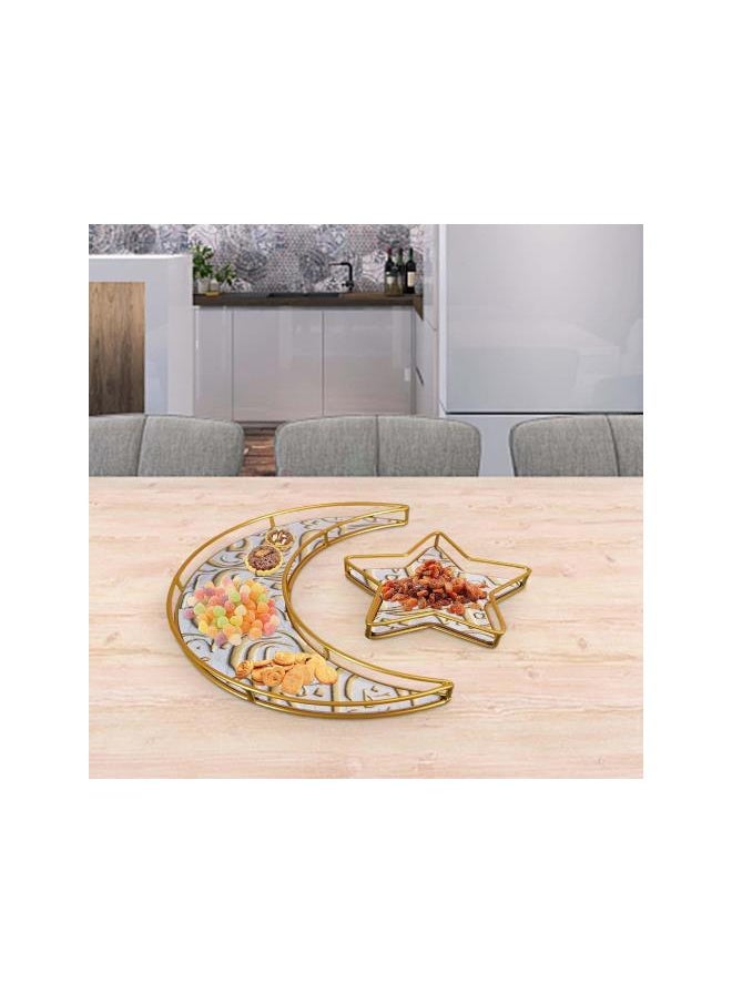 2 PCS Ramadan Decorations Moon and Star Iron Trays, Ramadan Kareem Dinner Plate Trays Dessert Trays for Home Eid Mubarak Holiday Party Table Decor