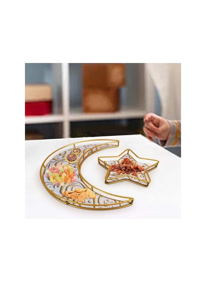 2 PCS Ramadan Decorations Moon and Star Iron Trays, Ramadan Kareem Dinner Plate Trays Dessert Trays for Home Eid Mubarak Holiday Party Table Decor