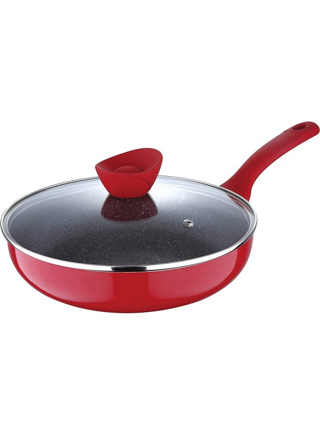 Bergner Bellini Plus 5 Layer Marble Non Stick Frypan/Sautepan with Glass Lid, 26 cm, 3.1 litres, Induction Base, Soft Touch Handle, Food Safe, Thickness 3.2mm, Red