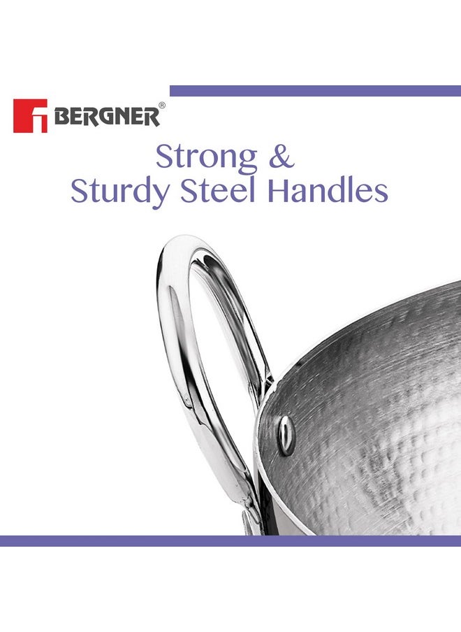 BERGNER BE Essentials 18 cm Hammered Kadai, 1.3 L Kadhai Without Lid, Thickness 2.2 mm, Food Safe, Sturdy and Durable, Easy to Clean, Dishwasher Safe, 5-Year Warranty by Bergner, Silver