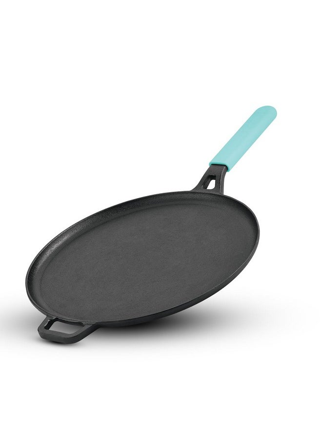 BERGNER Eco Cast Iron 28cm Dosa Tawa, for Healthy Cooking, Pre-Seasoned, Even Heat Distributor, Retains Heat to Enhance Flavor, Durable, Comes with Silicone Sleeve, Induction Bottom, Gas Stove Ready