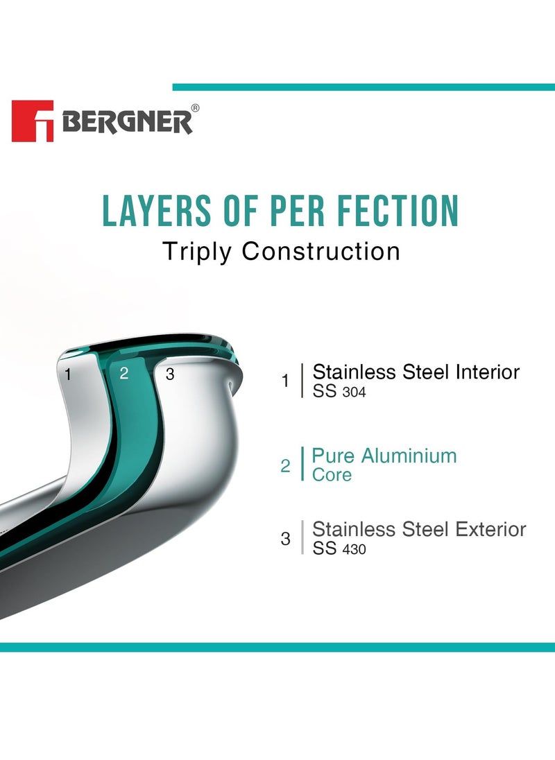 Bergner TriPro TriPly Stainless Steel 12cm Tadka Pan, 500ml Capacity, For Spice Tempering/Seasoning, Long Wire Handle, Laser-Etched Scale, Smooth Finished Surface, Induction Bottom and Gas Stove Ready
