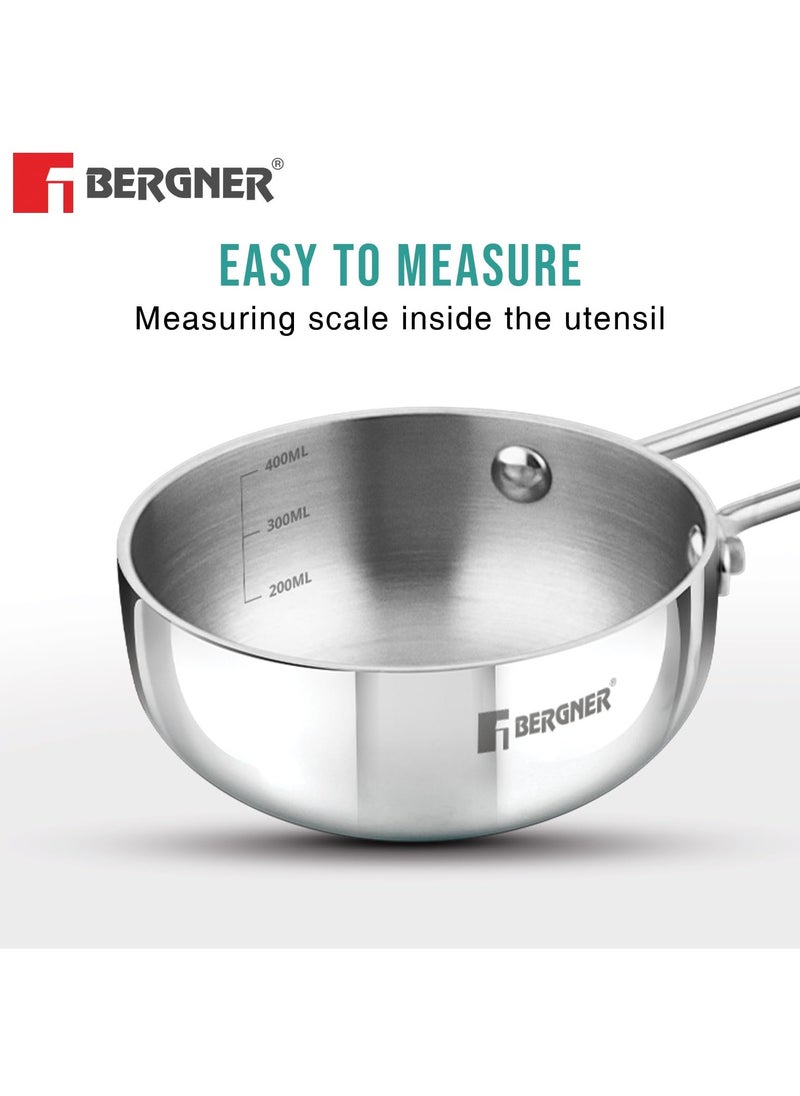 Bergner TriPro TriPly Stainless Steel 12cm Tadka Pan, 500ml Capacity, For Spice Tempering/Seasoning, Long Wire Handle, Laser-Etched Scale, Smooth Finished Surface, Induction Bottom and Gas Stove Ready