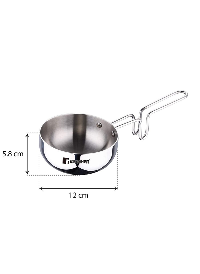 Bergner TriPro TriPly Stainless Steel 12cm Tadka Pan, 500ml Capacity, For Spice Tempering/Seasoning, Long Wire Handle, Laser-Etched Scale, Smooth Finished Surface, Induction Bottom and Gas Stove Ready