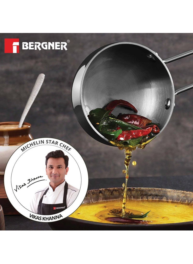 Bergner TriPro TriPly Stainless Steel 12cm Tadka Pan, 500ml Capacity, For Spice Tempering/Seasoning, Long Wire Handle, Laser-Etched Scale, Smooth Finished Surface, Induction Bottom and Gas Stove Ready