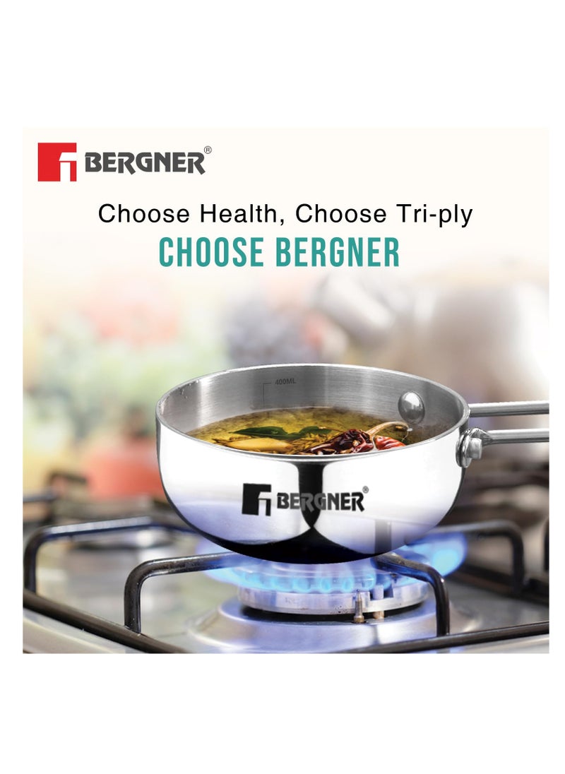 Bergner TriPro TriPly Stainless Steel 12cm Tadka Pan, 500ml Capacity, For Spice Tempering/Seasoning, Long Wire Handle, Laser-Etched Scale, Smooth Finished Surface, Induction Bottom and Gas Stove Ready