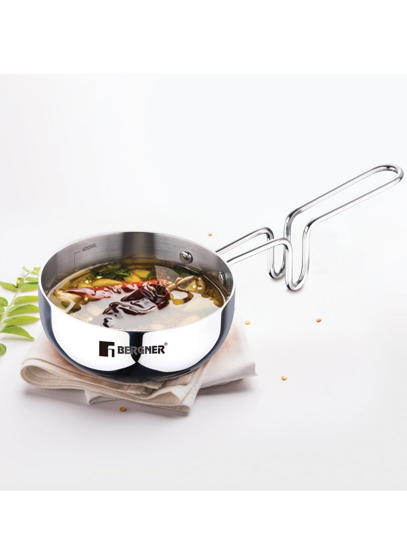 Bergner TriPro TriPly Stainless Steel 12cm Tadka Pan, 500ml Capacity, For Spice Tempering/Seasoning, Long Wire Handle, Laser-Etched Scale, Smooth Finished Surface, Induction Bottom and Gas Stove Ready