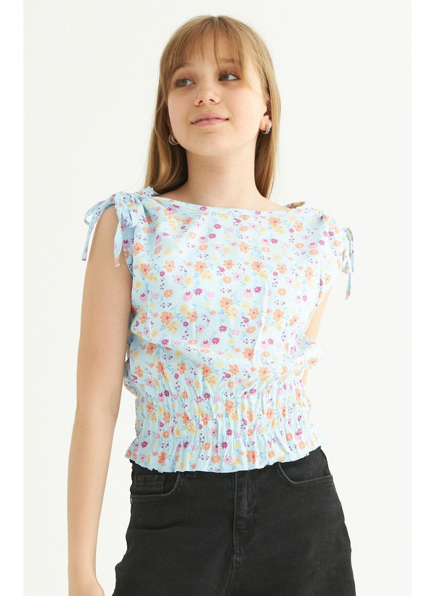 Crew Neck Short Sleeve Waist Gathered Shoulder Laced Floral Printed Blue Color Girl Blouse