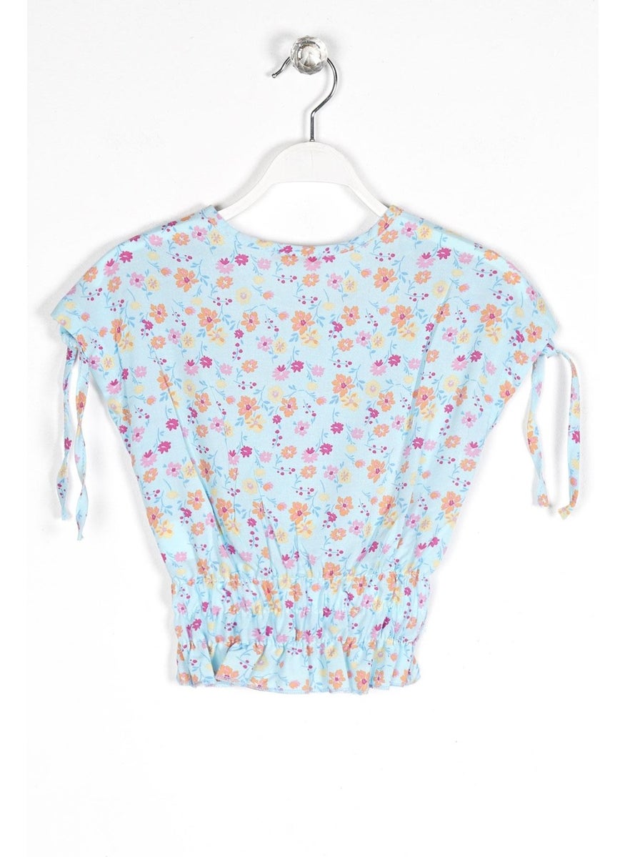 Crew Neck Short Sleeve Waist Gathered Shoulder Laced Floral Printed Blue Color Girl Blouse