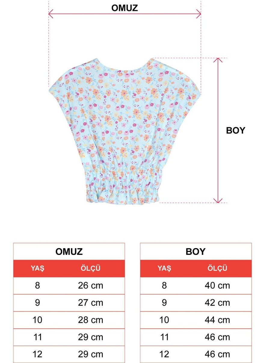 Crew Neck Short Sleeve Waist Gathered Shoulder Laced Floral Printed Blue Color Girl Blouse