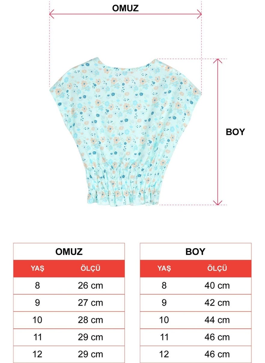 Crew Neck Short Sleeve Waist Gathered Shoulder Laced Floral Printed Mint Color Girl Blouse