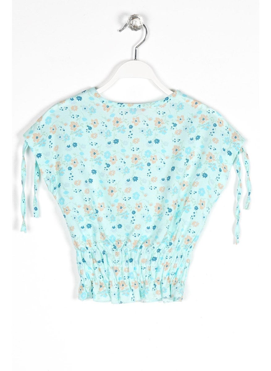 Crew Neck Short Sleeve Waist Gathered Shoulder Laced Floral Printed Mint Color Girl Blouse