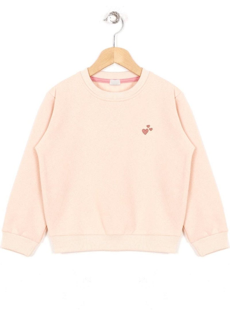 Crew Neck Long Sleeve Heart Embroidered Salmon Color Girls Sweatshirt