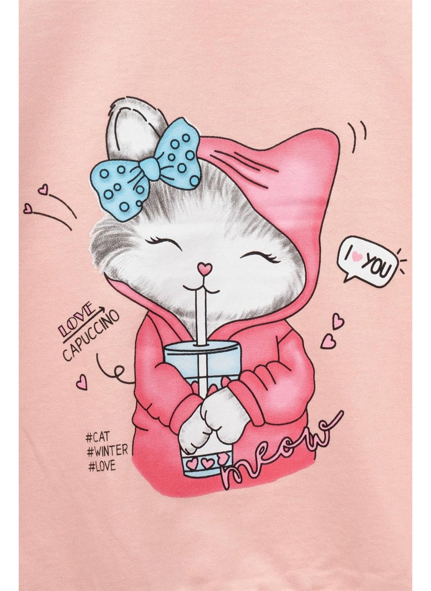 Girls Salmon Colored Long Sleeve Cat Printed Sweatshirt