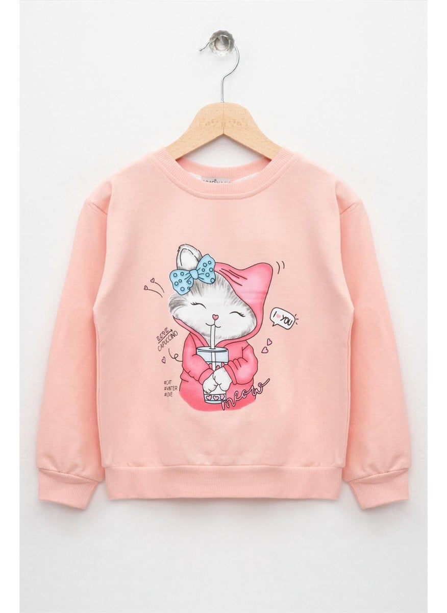 Girls Salmon Colored Long Sleeve Cat Printed Sweatshirt