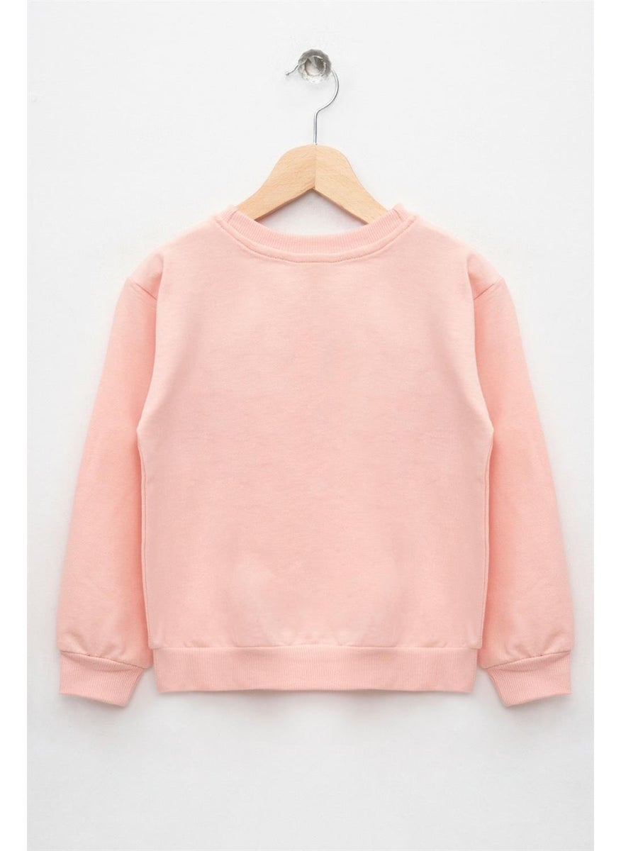 Girls Salmon Colored Long Sleeve Cat Printed Sweatshirt