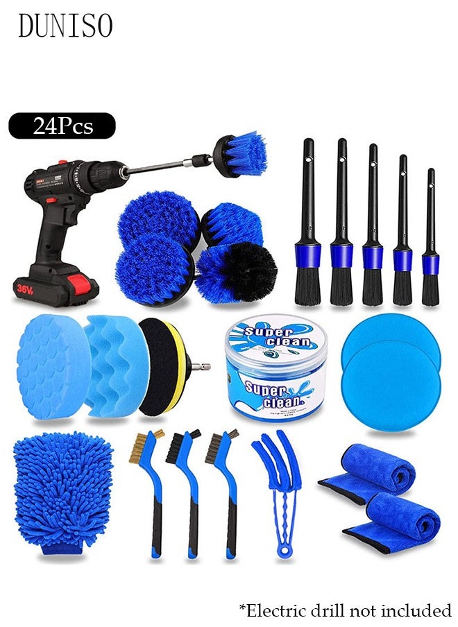 24 piece set of drilling brush accessories car cleaning kit, automatic detail brush set, used for cleaning wheels, dashboard, interior, exterior, leather, ventilation openings, logos (blue)