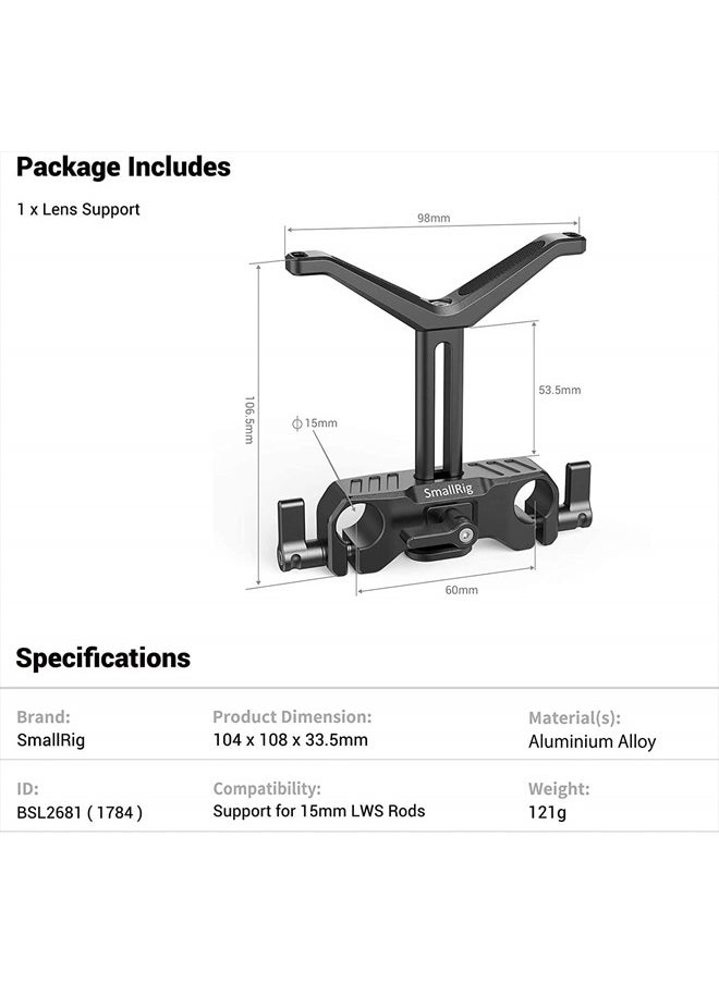 SmallRig 15mm Long Lens Support, 53.5mm Height Adjustable Lens Bracket for DSLR Camera Shoulder Rig - BSL2681