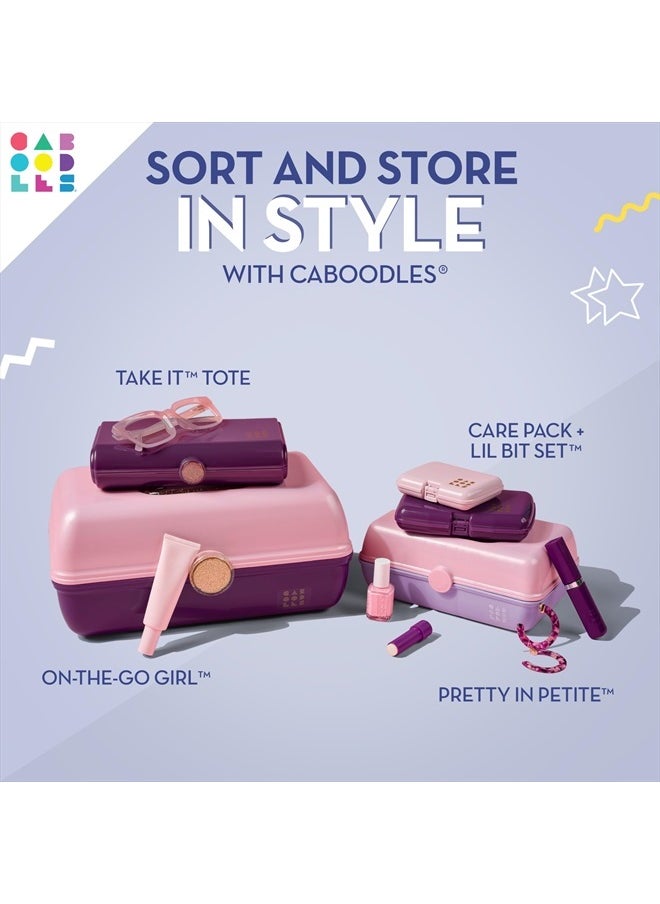 Pretty in Petite Makeup Box, Two-Tone Periwinkle on Pink, Hard Plastic Organizer Box, 2 Swivel Trays, Fashion Mirror, Secure Latch for Safe Travel