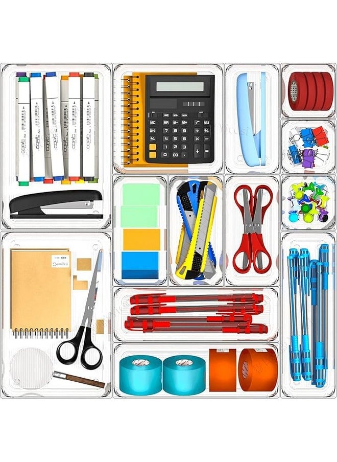 Zollyss Bathroom Drawer Tray Dividers Plastic Vanity Organizers Storage Bins for Makeup Dresser Tray, Clear (13 Pcs)