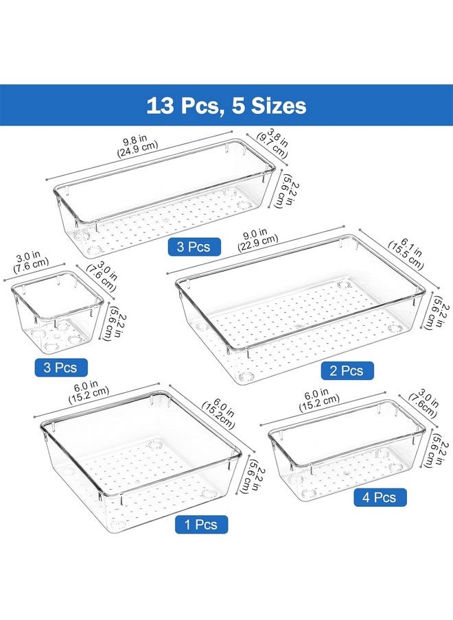 Zollyss Bathroom Drawer Tray Dividers Plastic Vanity Organizers Storage Bins for Makeup Dresser Tray, Clear (13 Pcs)