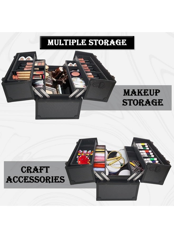 LACOPINE Makeup Train Case Professional Adjustable - 4 Trays Cosmetic Cases Makeup Storage Organizer Box with Lock and Compartments (DESIGN2-BLACK)