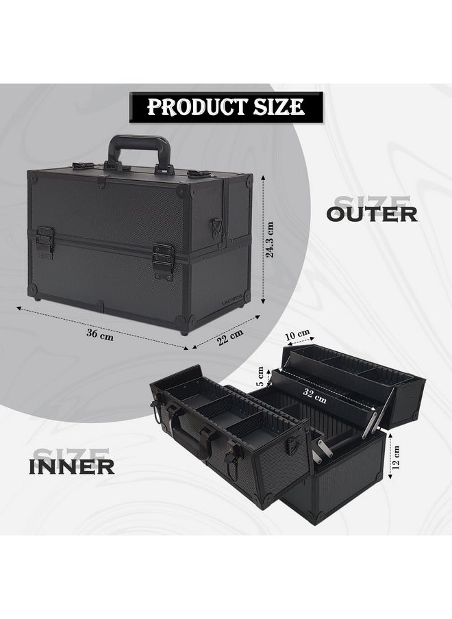 LACOPINE Makeup Train Case Professional Adjustable - 4 Trays Cosmetic Cases Makeup Storage Organizer Box with Lock and Compartments (DESIGN2-BLACK)