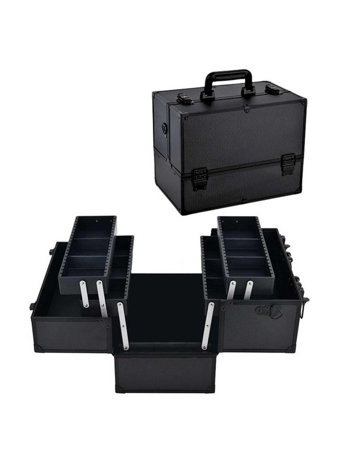 LACOPINE Makeup Train Case Professional Adjustable - 4 Trays Cosmetic Cases Makeup Storage Organizer Box with Lock and Compartments (DESIGN2-BLACK)
