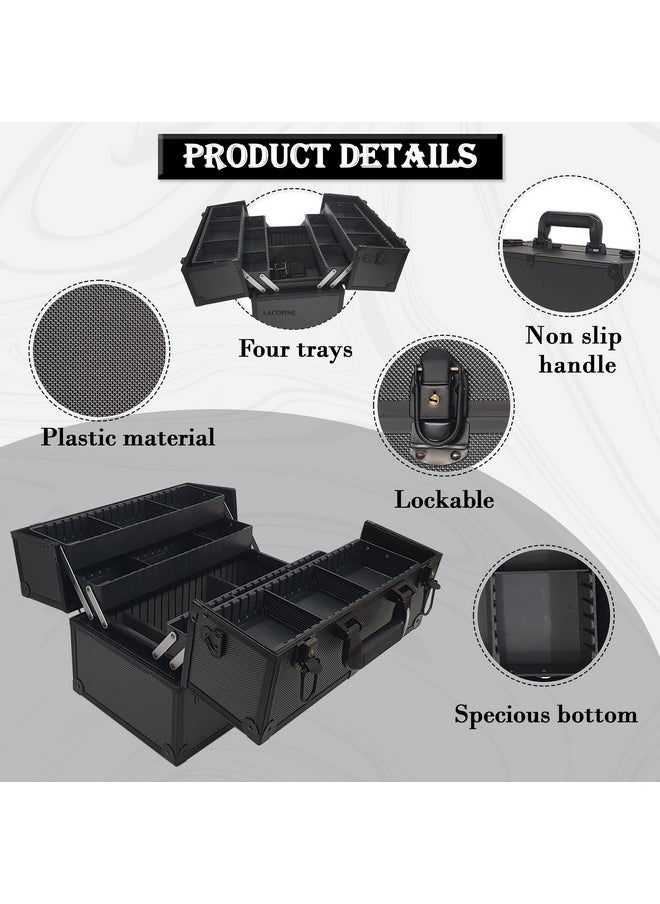 LACOPINE Makeup Train Case Professional Adjustable - 4 Trays Cosmetic Cases Makeup Storage Organizer Box with Lock and Compartments (DESIGN2-BLACK)