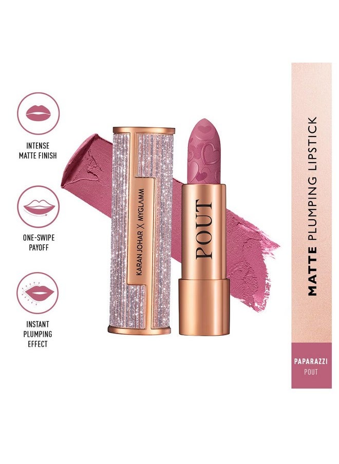 MyGlamm POUT by Karan Johar Intense Matte Plumping Lipstick - Paparazzi Pout (Mauve Pink Shade) | Highly Pigmented, Long Lasting, Lightweight, Creamy Matte Lipstick For Lip Makeup (4g)