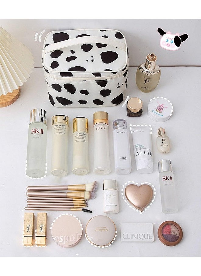 Wolpin PU Vanity Bag for Makeup Cosmetic Kit Storage Organizer Travel Toiletry with Big Compartment, Waterproof Makeup Brush Holder Portable (21.5 x 16.5 x 12 cm) Cow Print