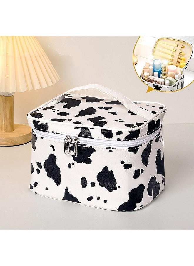 Wolpin PU Vanity Bag for Makeup Cosmetic Kit Storage Organizer Travel Toiletry with Big Compartment, Waterproof Makeup Brush Holder Portable (21.5 x 16.5 x 12 cm) Cow Print