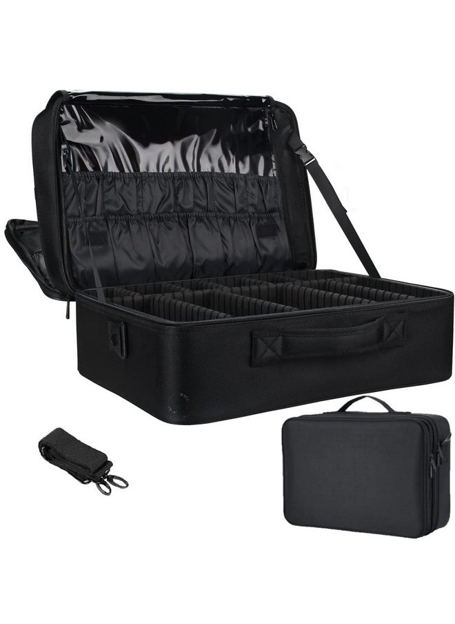 LACOPINE Travel Professional Makeup Cosmetic Bag For Women | Portable Artist Storage Makeup Brush Bag With Adjustable Dividers (Black, 18 Inch (2 Layer))