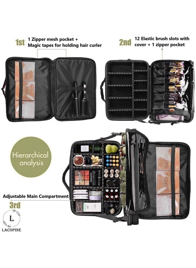 LACOPINE Travel Professional Makeup Cosmetic Bag For Women | Portable Artist Storage Makeup Brush Bag With Adjustable Dividers (Black, 18 Inch (2 Layer))
