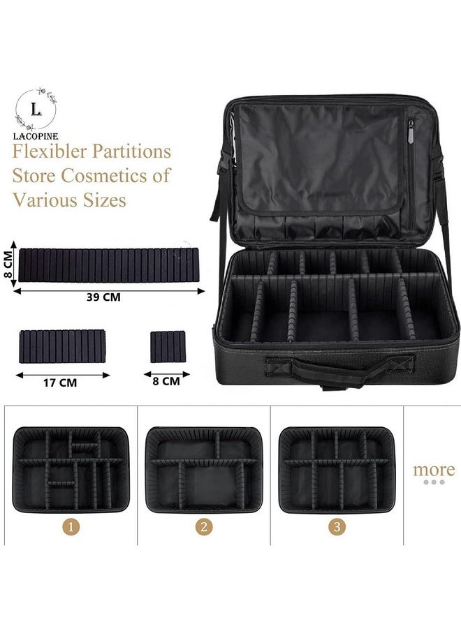LACOPINE Travel Professional Makeup Cosmetic Bag For Women | Portable Artist Storage Makeup Brush Bag With Adjustable Dividers (Black, 18 Inch (2 Layer))
