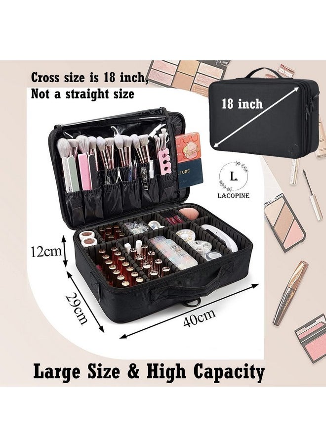 LACOPINE Travel Professional Makeup Cosmetic Bag For Women | Portable Artist Storage Makeup Brush Bag With Adjustable Dividers (Black, 18 Inch (2 Layer))