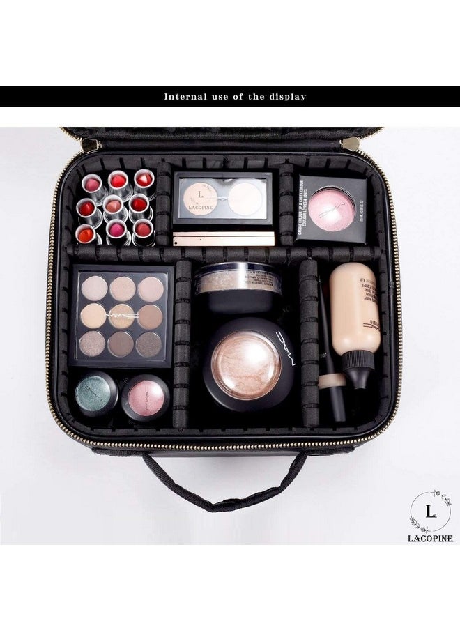 LACOPINE Makeup Train Case, Professional Cosmetic Organizer Make Up Artist Box with Adjustable Dividers for Women (Black & White, 10 INCH (1 Layer))