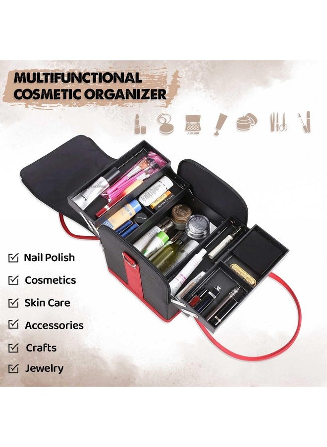LACOPINE Women's Portable Large Capacity Leather Cosmetic Organizer Carry Vanity Case (Black)